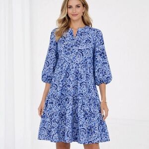 Smith & Quinn Tory Dress Blue Floral Sz M Tiered Vacation Cottagecore Resortwear
